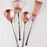 4-Piece Serving Set in Copper and Stainless Steel. Spatula, Strainers and Deep Spoon.